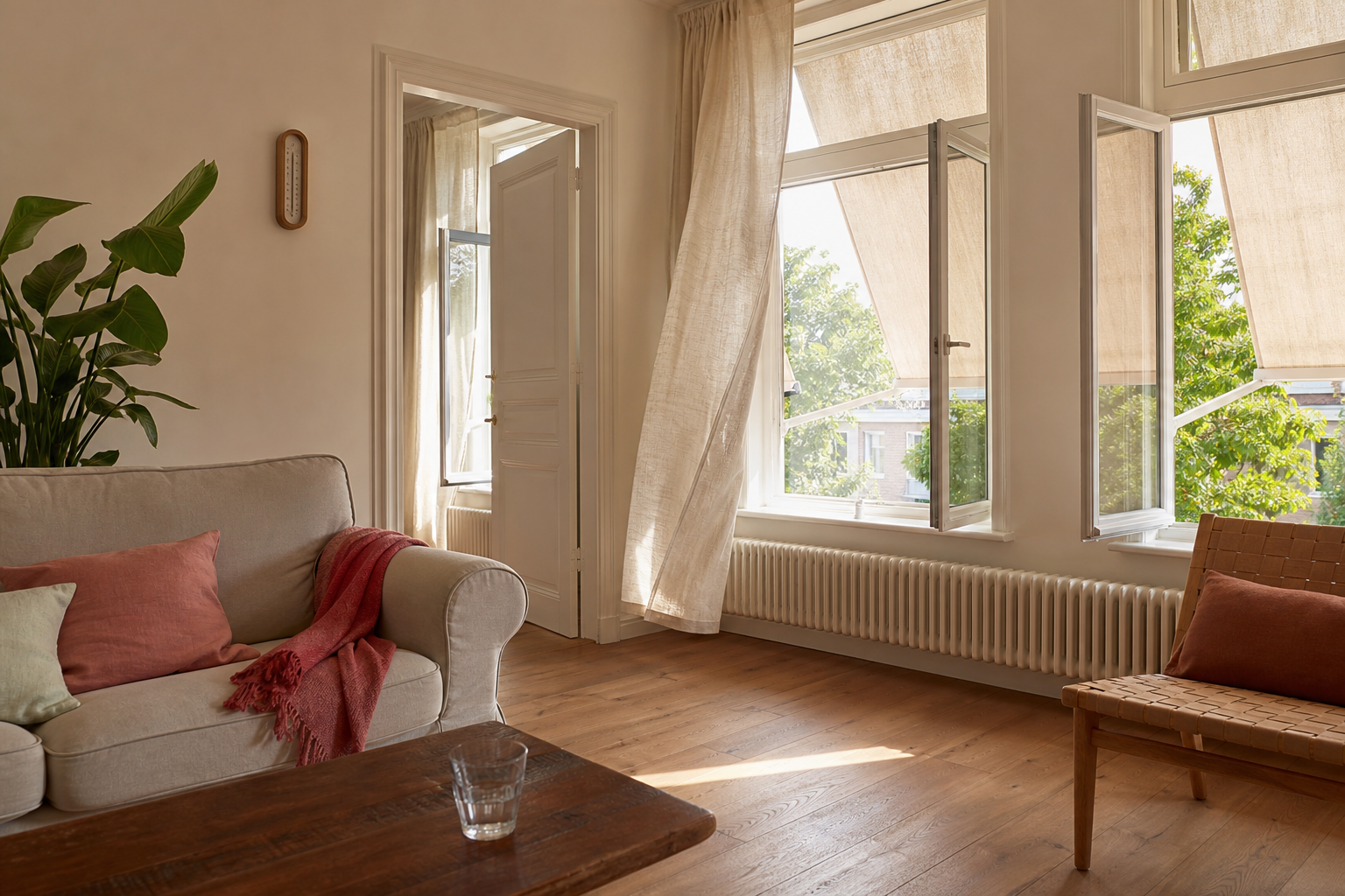 Een lichte woonkamer met half neergelaten buitenzonwering en open ramen aan de schaduwzijde