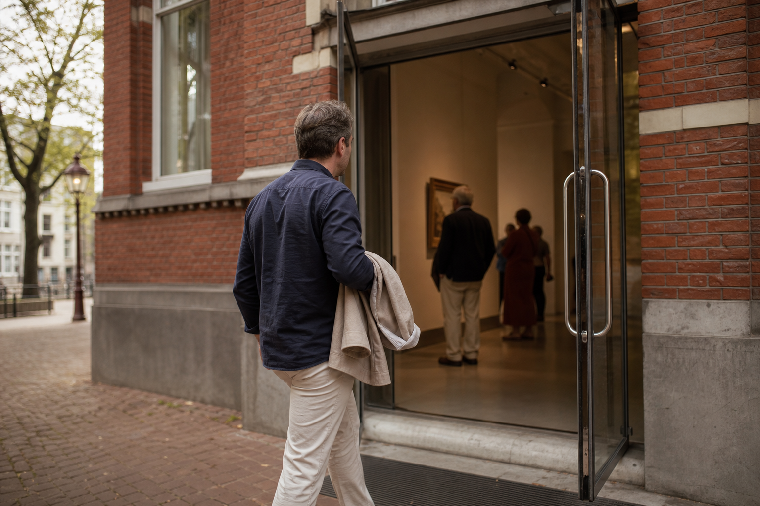 Een rustige theaterfoyer met brede doorgang en zachte verlichting