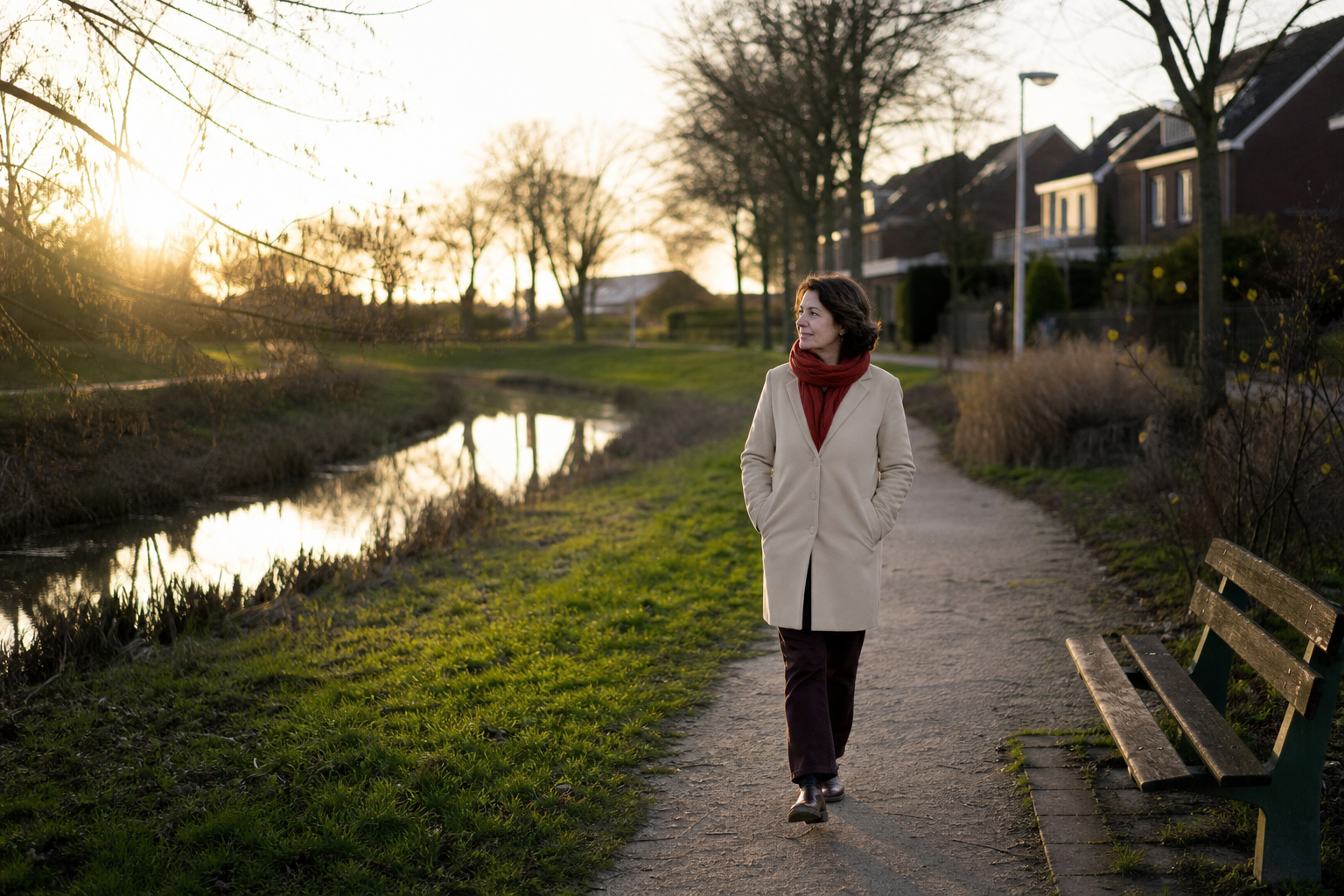 Een wandelaar loopt op een stille zondagochtend langs een groene singel in een woonwijk